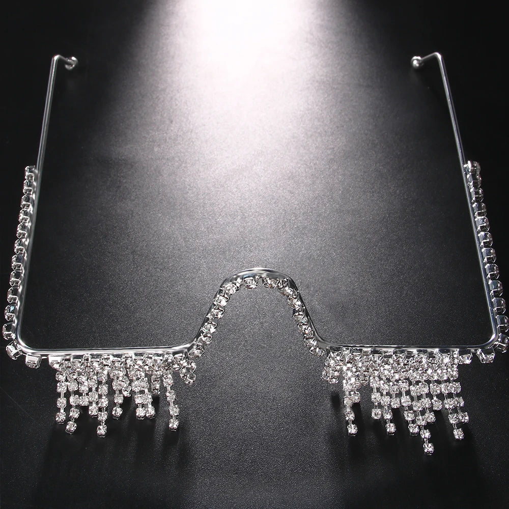Montura de gafas con diamantes de imitación geométricos Rave para mujer, decoración facial, diseñador de lujo, marcos de joyería facial de cristal, sin lentes, 2023