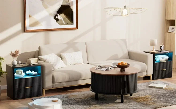 Mesita de noche para dormitorio, sala de estar, mesita de noche LED regulable, cajón moderno, mesita de noche de madera, muebles