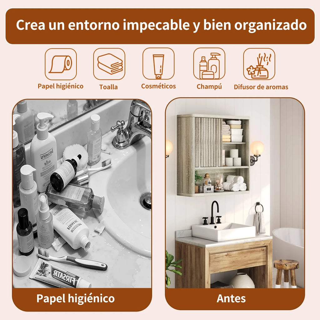Armario de pared de roble original para baño, dormitorio, cocina, con puerta corredera, 3 niveles, estante flotante de madera montado en la pared
