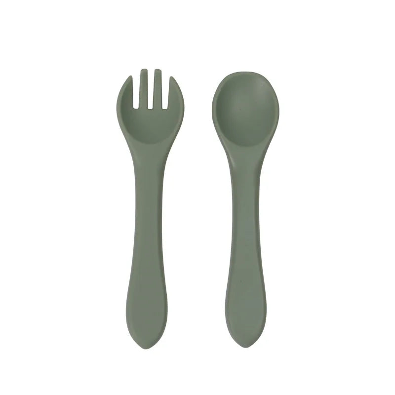 Juego de Cuchara y Tenedor de Silicona de Grado Alimenticio para Bebés, Utensilios de Alimentación para Niños Pequeños con Mango Largo y Cabeza Suave para Alimentos Infantiles
