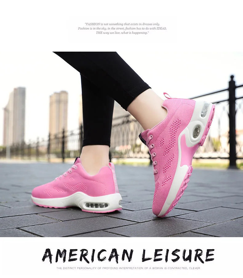 Zapatos deportivos transpirables con amortiguación de aire para mujer, zapatillas informales con cordones cruzados y tacón plano con punta redonda de estilo coreano