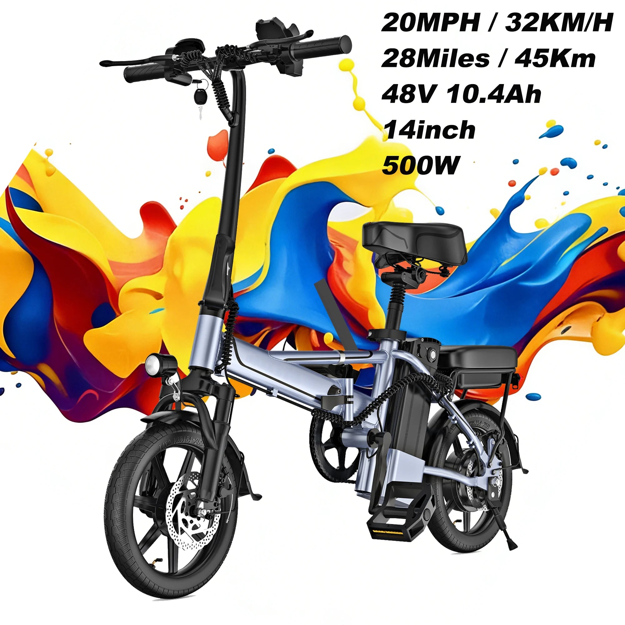 Bicicleta Eléctrica Plegable E14 de 500W para Adultos, 22MPH, 38 Millas, 14 Pulgadas, con Cuadro Plegable y Cesta Trasera, Bicicleta Eléctrica Urbana, Stock en la UE