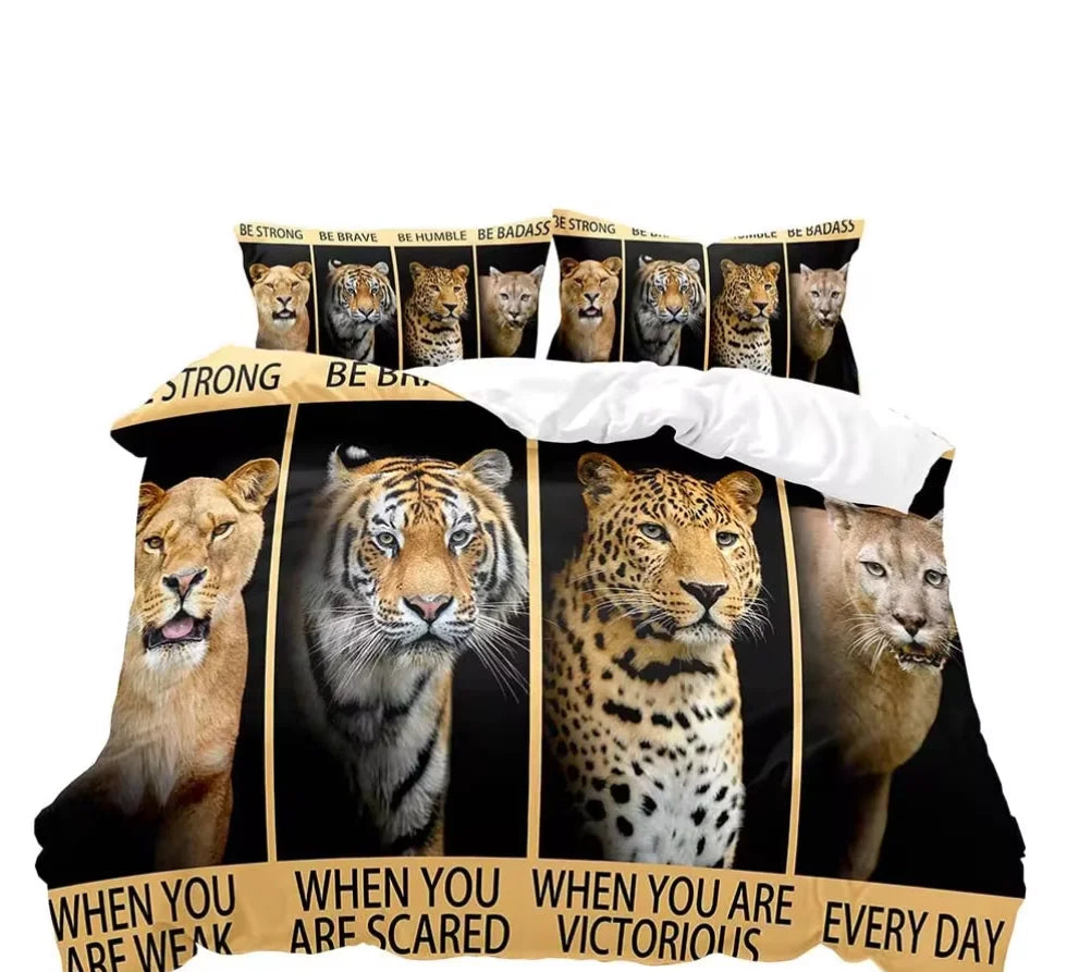 Juego de cama de tamaño completo para parejas, funda de edredón, decoración de dormitorio, León, Rey y Reina, Animal Safari africano, color negro, 3 piezas