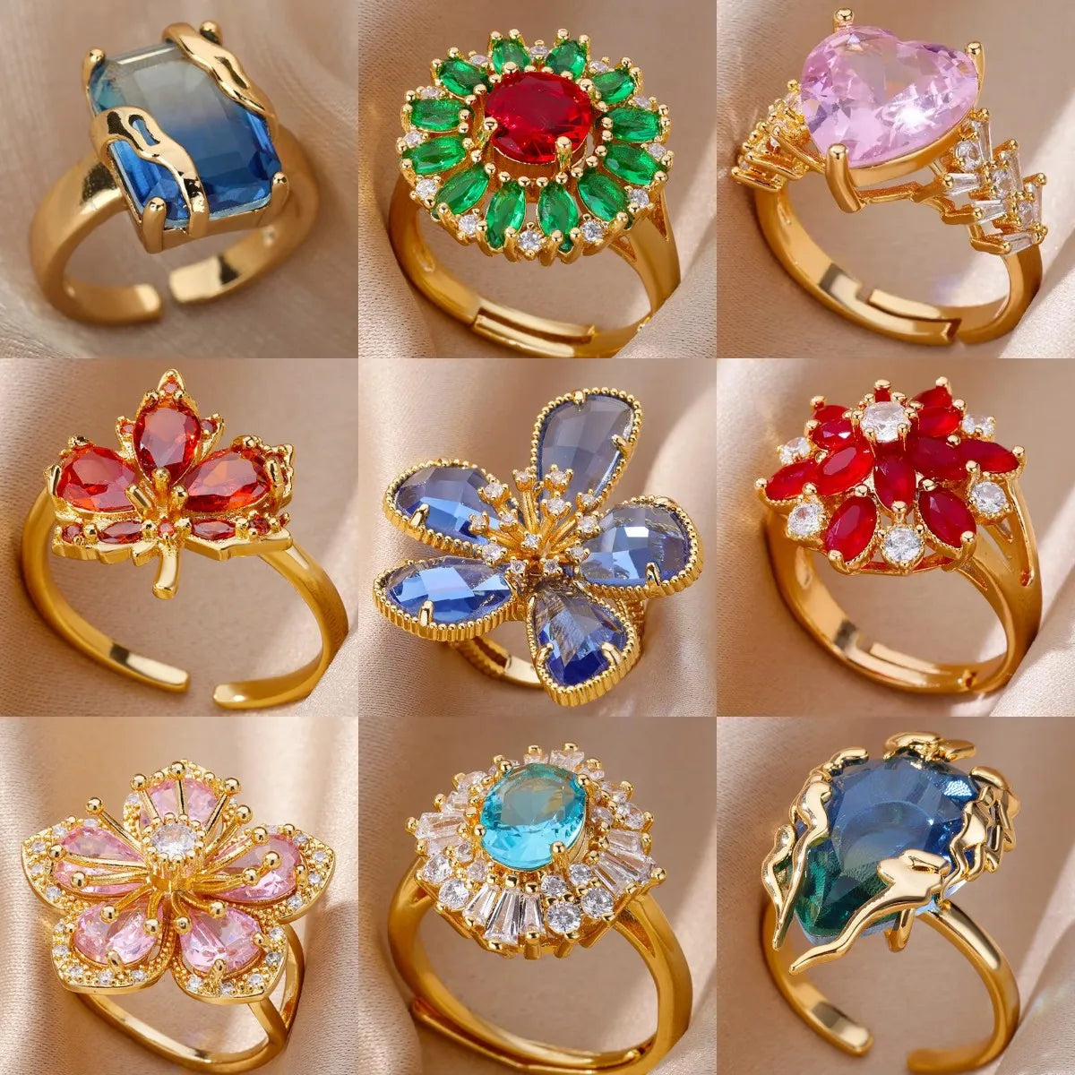 Anillos de acero inoxidable de lujo chapados en oro, piedra colorida, anillo de corazón de cristal de circón para mujer, joyería Bohemia de boda, regalo de Navidad