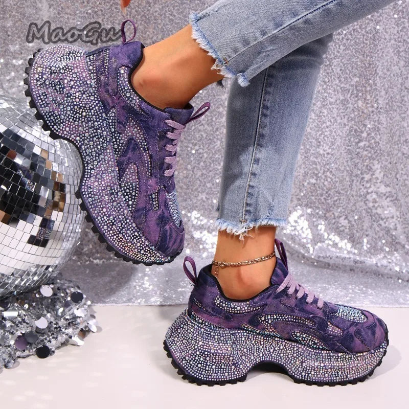 Zapatillas gruesas con diamantes de imitación para mujer, zapatos informales con cordones y suela gruesa, zapatos vulcanizados con plataforma vaquera de lujo para mujer 35-42
