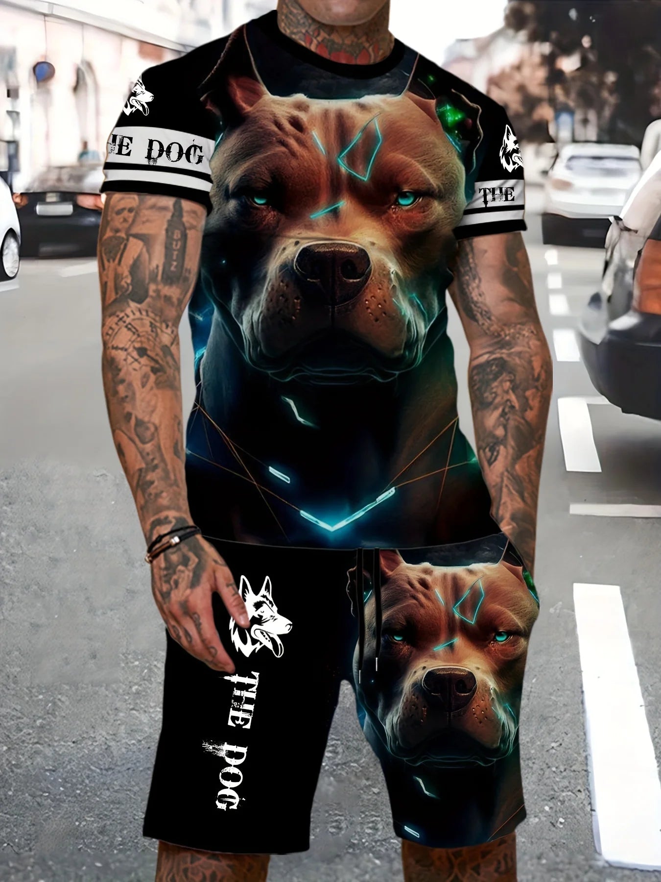 Conjunto Deportivo Casual de Verano para Hombre, Estilo Holgado, Moderno, con Estampado de Grafiti, Cuello Redondo, Manga Corta, Dos Piezas con Pantalones Cortos