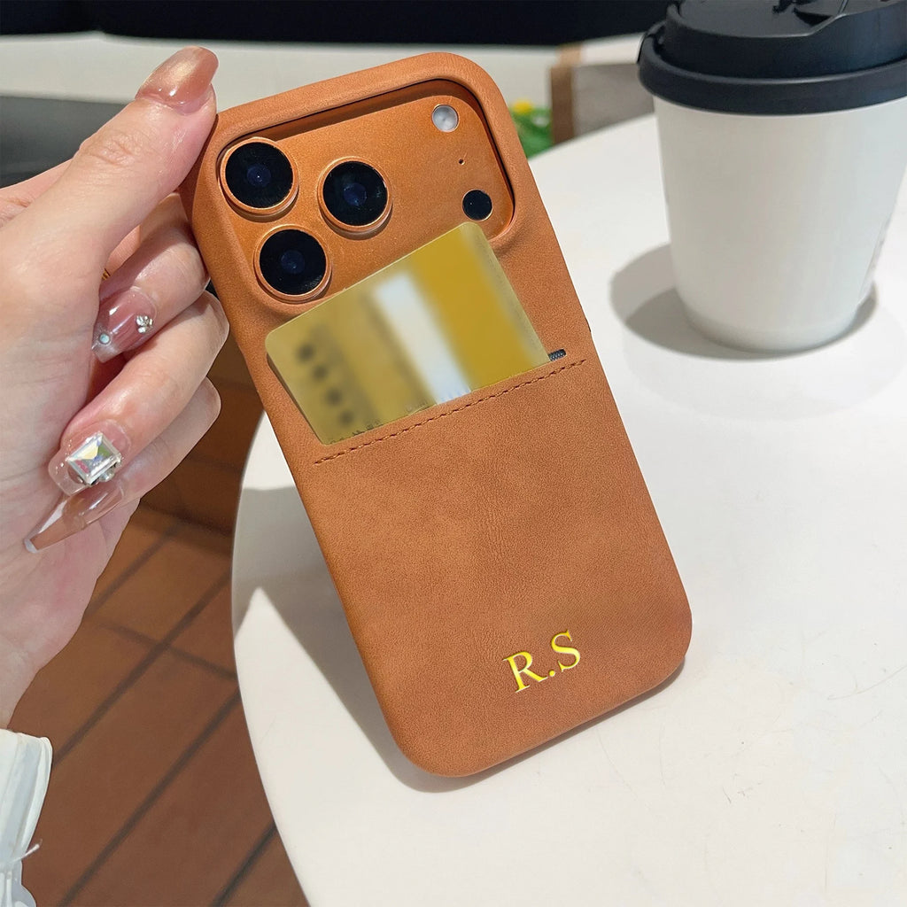 Funda de tarjeta insertable de piel sintética Vintage personalizada para iPhone 17 16 15 14 13 Pro Max Air nombre personalizado estampado de lámina dorada caliente