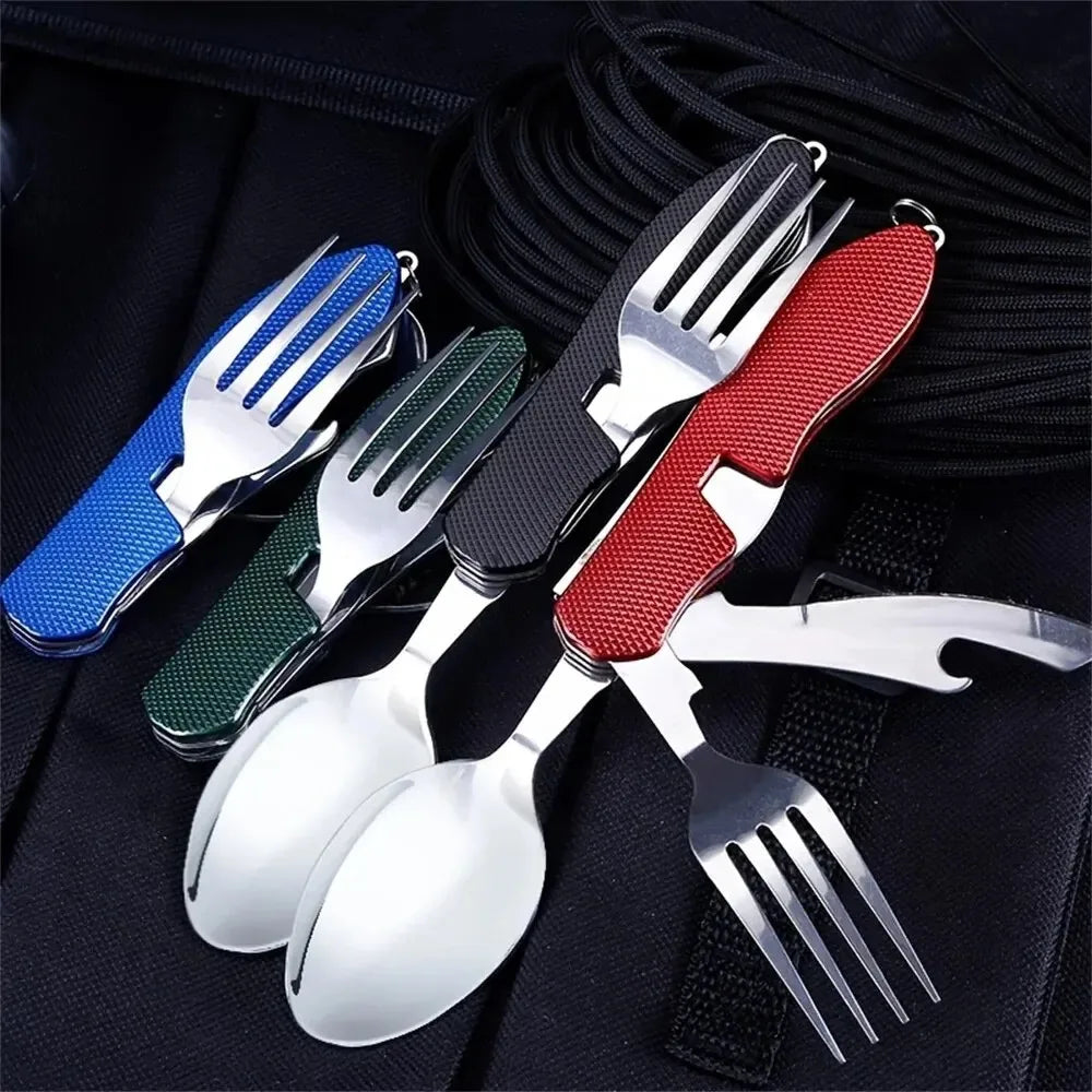 Juego de utensilios de camping plegables 4 en 1, cuchillo multifuncional, tenedor, cuchara, abridor de botellas para supervivencia al aire libre, deportes, camping y senderismo.
