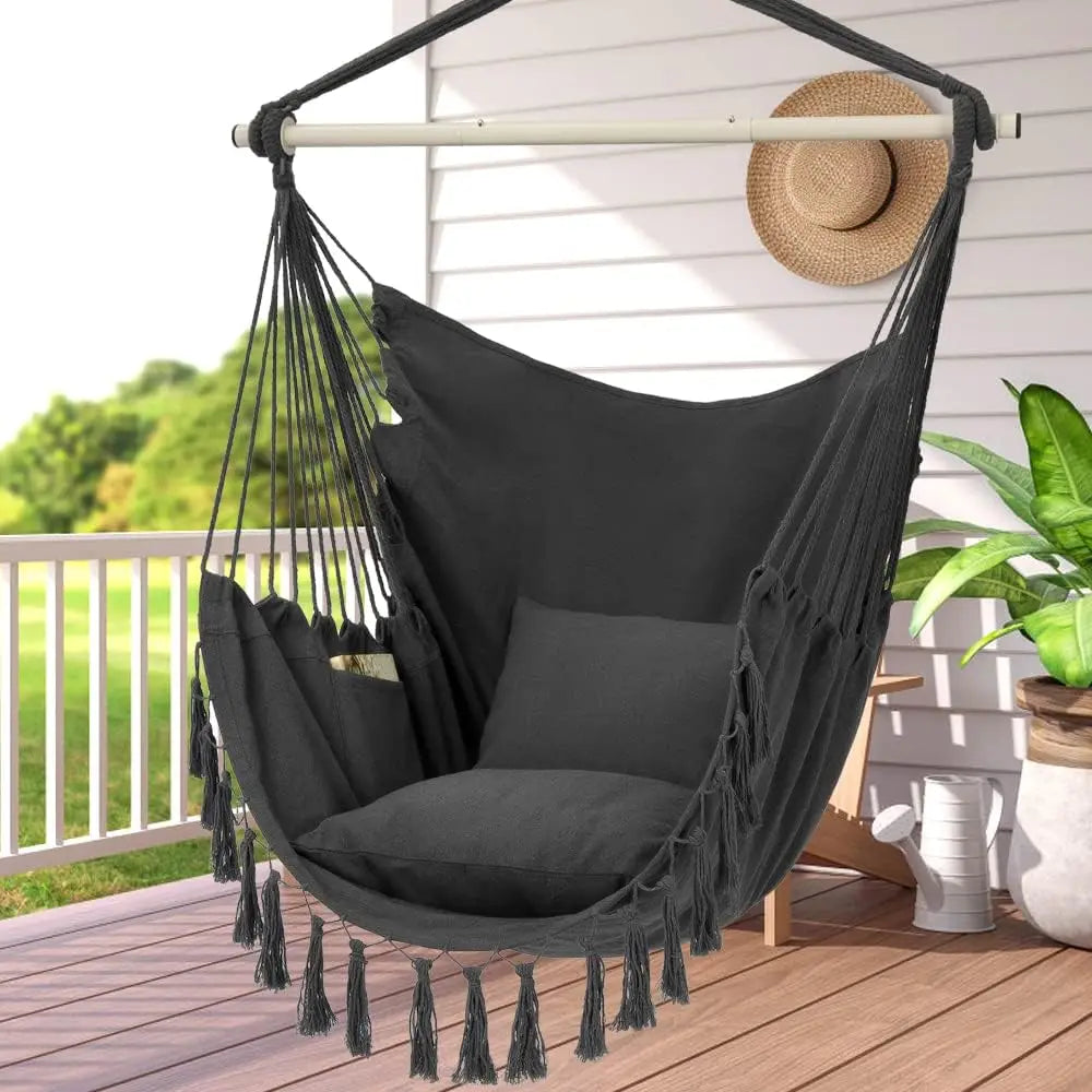 Silla Colgante de Macramé con 2 Almohadas |   Columpio de Cuerda de Algodón con Capacidad para 500 lb |   Diseño de bolsillo para uso en interiores/exteriores