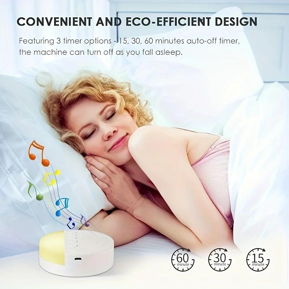 Máquina portátil de ruido blanco recargable por USB de 1200mAh con luz nocturna, 9 sonidos relajantes, temporizador de apagado para uso en el hogar/oficina