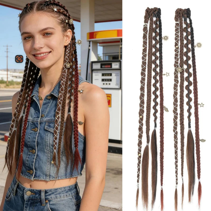 Peluca con 4 trenzas pequeñas y extensiones de cabello para mujer, combinada con trenzas sintéticas estilo bohemio con clip BB.