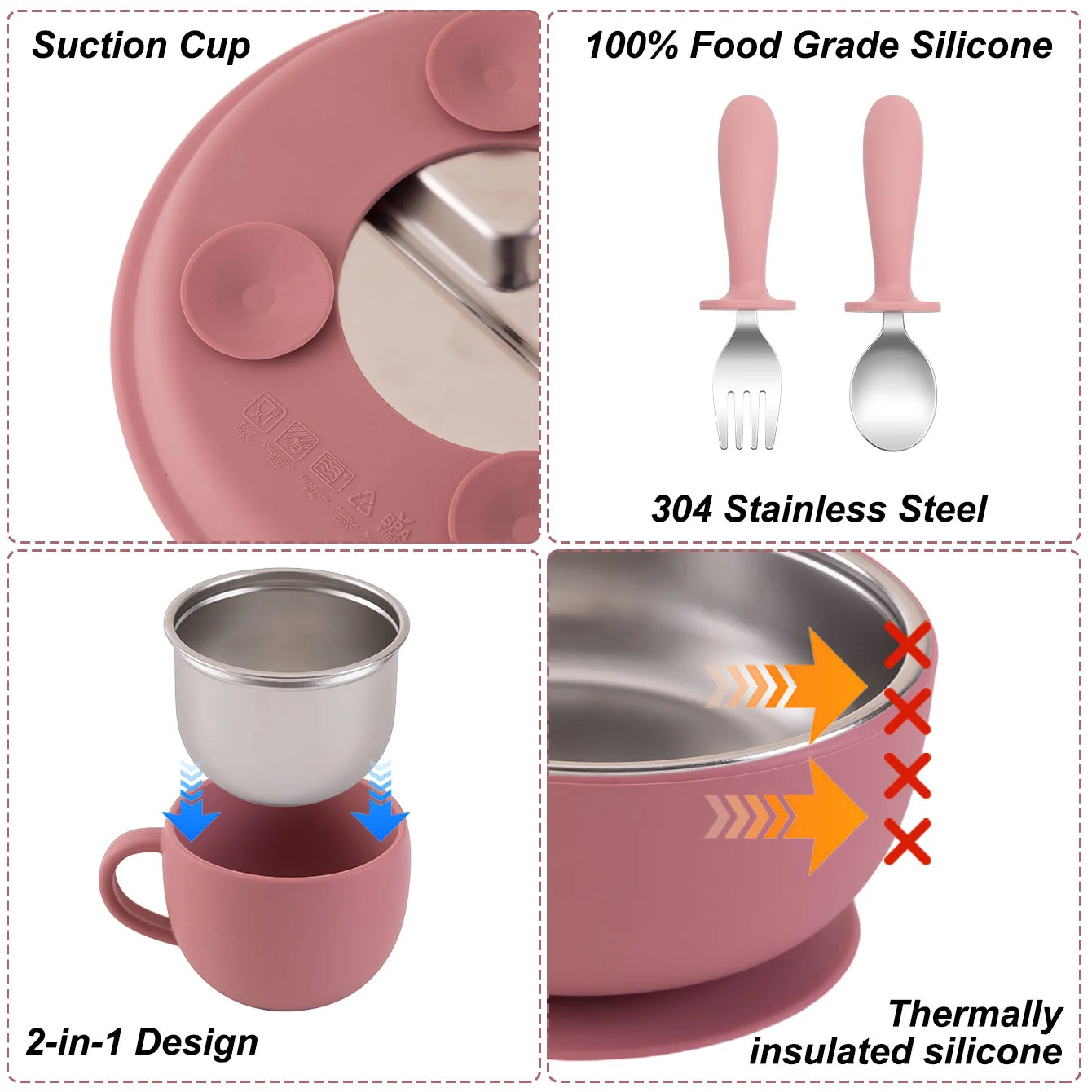 Juego de alimentación de bebé con plato de platos de acero inoxidable, cuenco con ventosa de silicona desmontable, sin BPA, tenedor infantil, cuchara, regalos, 5 uds.