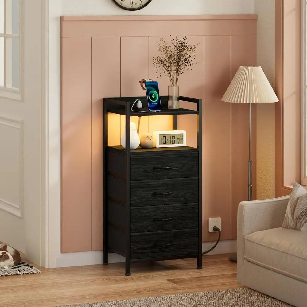 Mesa de Noche para Recámara con Estación de Carga, 2 Enchufes y 2 Puertos USB, Muebles para Recámara