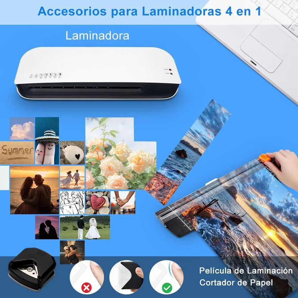 A4 Laminadora Enmicadora Térmica, Laminadora Termica 4 en 1 con 300 Hojas Laminadoras, Cortador de Papel y Esquinas Redondas para Hogar, Escuela y Oficina,áquina Laminadora
