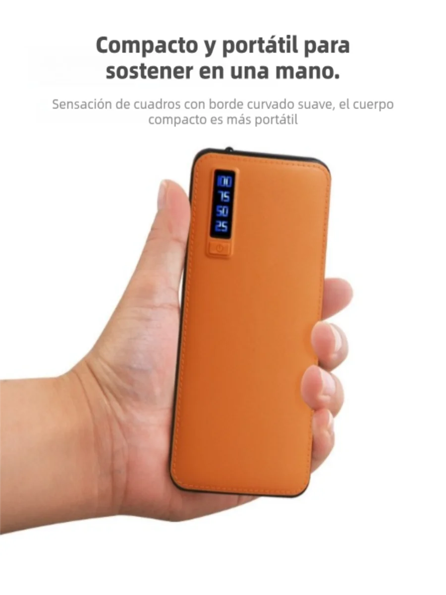 Batería portátil de 10000 mAh con textura de piel, 3 puertos USB y linterna. Disponible en varios colores.