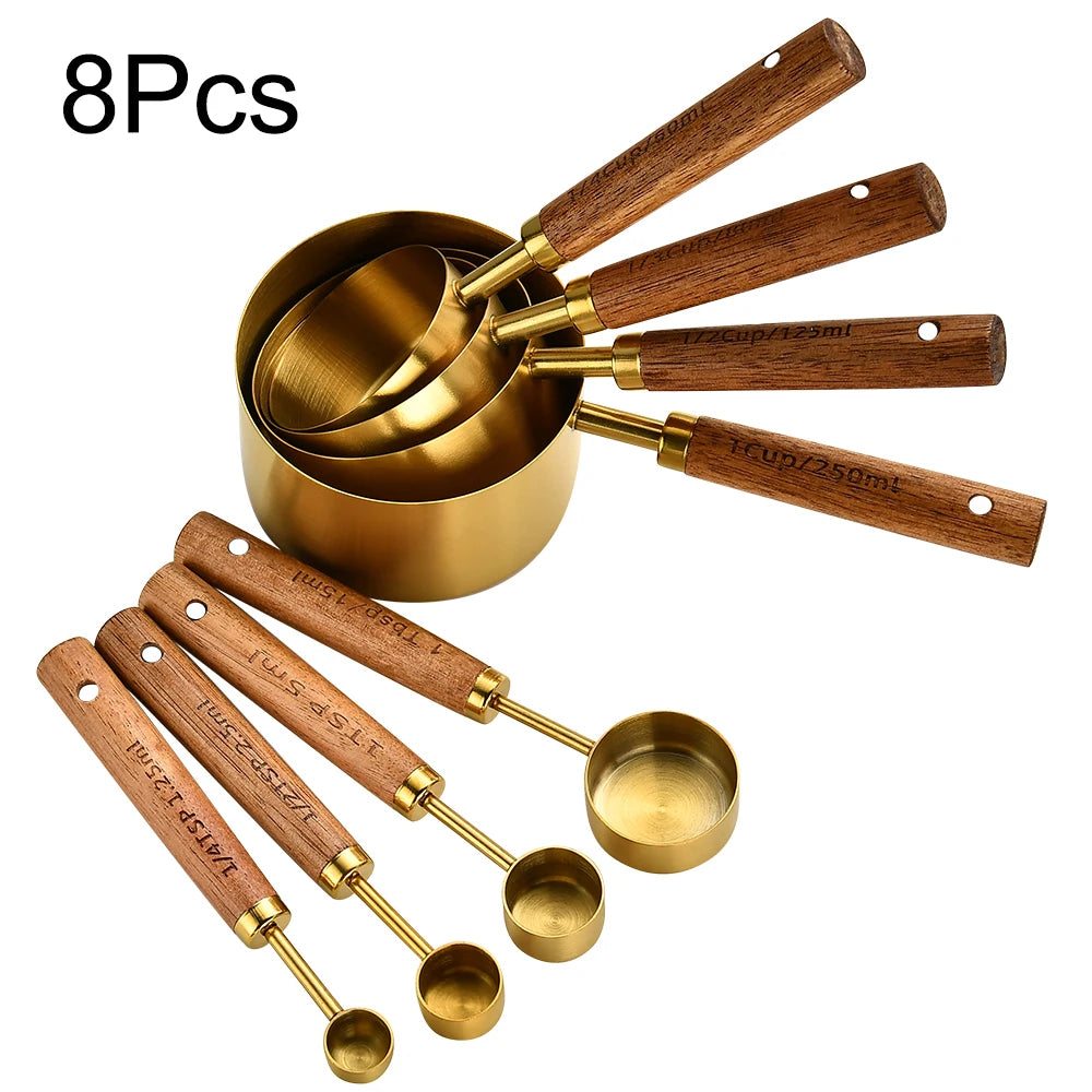 Mango de madera dorado, tazas medidoras de acero inoxidable, cucharas, herramientas para hornear, juego de cucharas medidoras de café, accesorios de báscula para barman