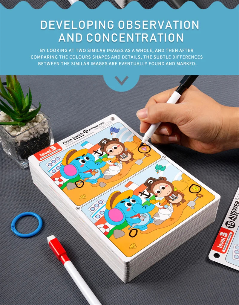 Juego de rompecabezas reutilizable Find The Difference, enfoque borrable y regrabable y entrenamiento de observación, juguete para el desarrollo del cerebro para niños