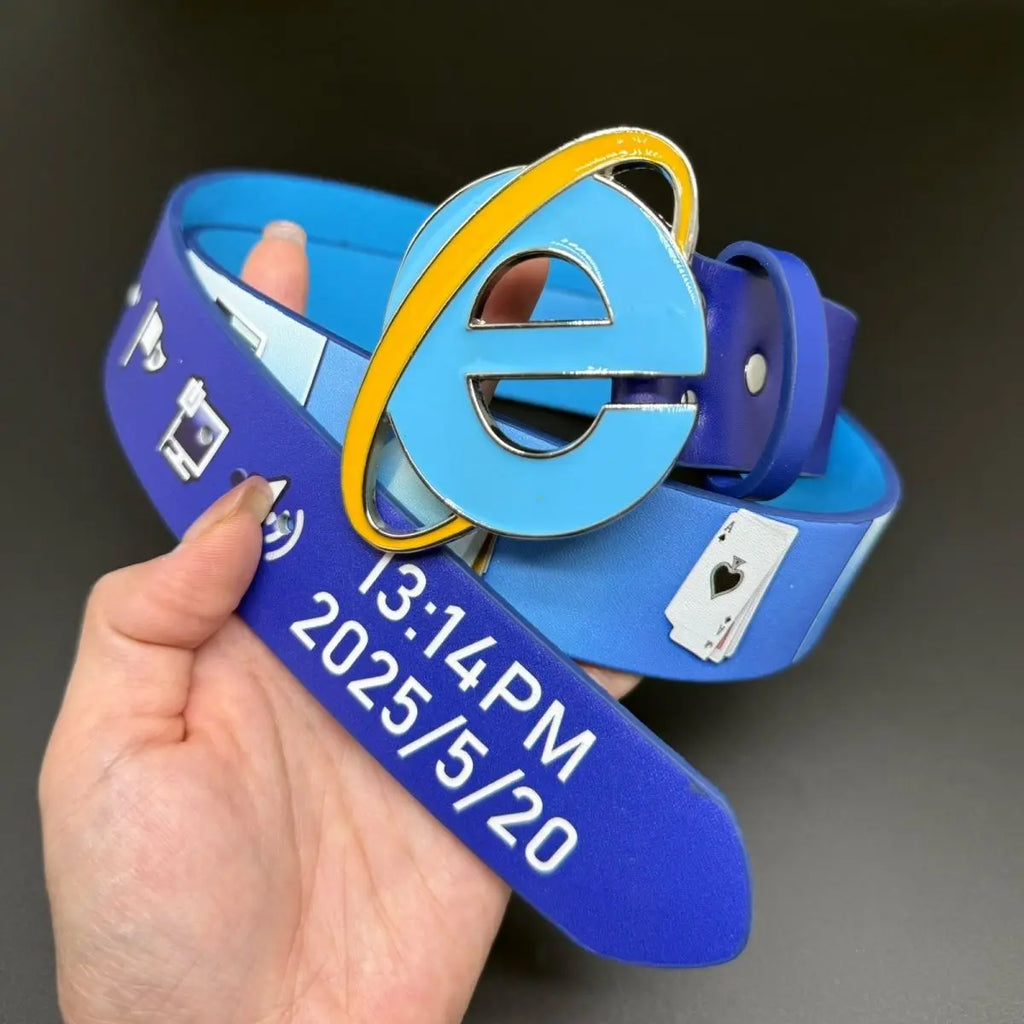 Cinturón Retro con Diseño de Internet Explorer, Cinturón de 110 cm Estilo Y2K, Hebilla de Aleación y Cuero Vacuno, Accesorio Divertido y Nostálgico para Jeans