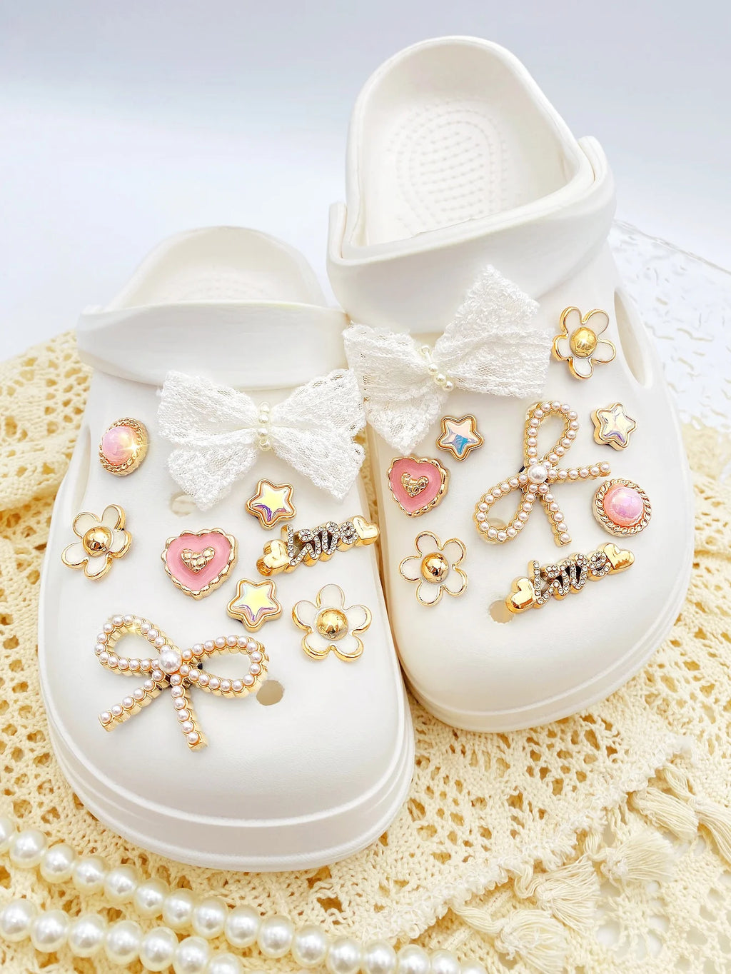 18 piezas de lazo de perlas ABS blanco, perla ABS redonda rosa, amor, flores blancas, pentáculo, botón de amor con letras, decoración DIY, suitab