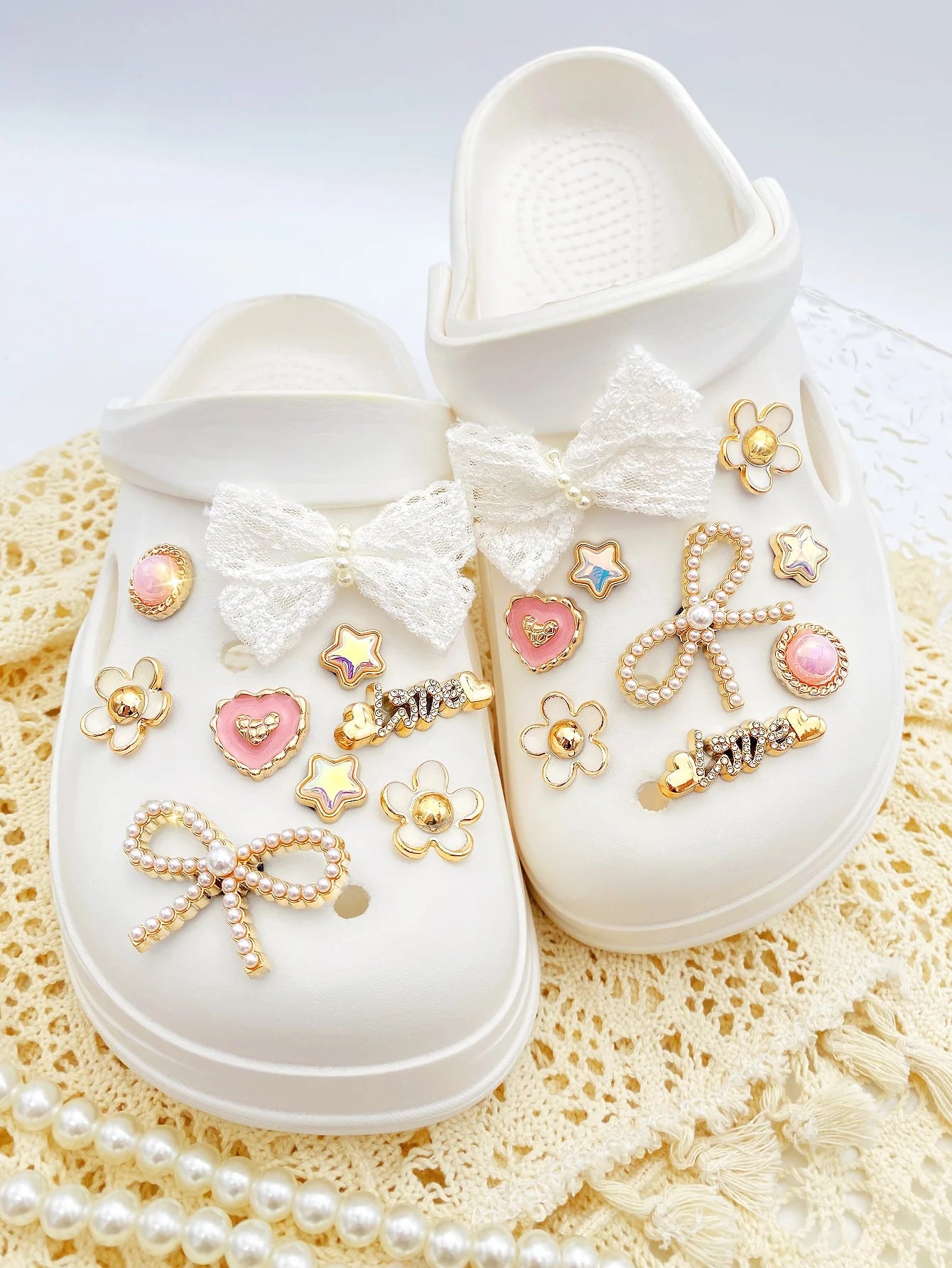 18 piezas de lazo de perlas ABS blanco, perla ABS redonda rosa, amor, flores blancas, pentáculo, botón de amor con letras, decoración DIY, suitab