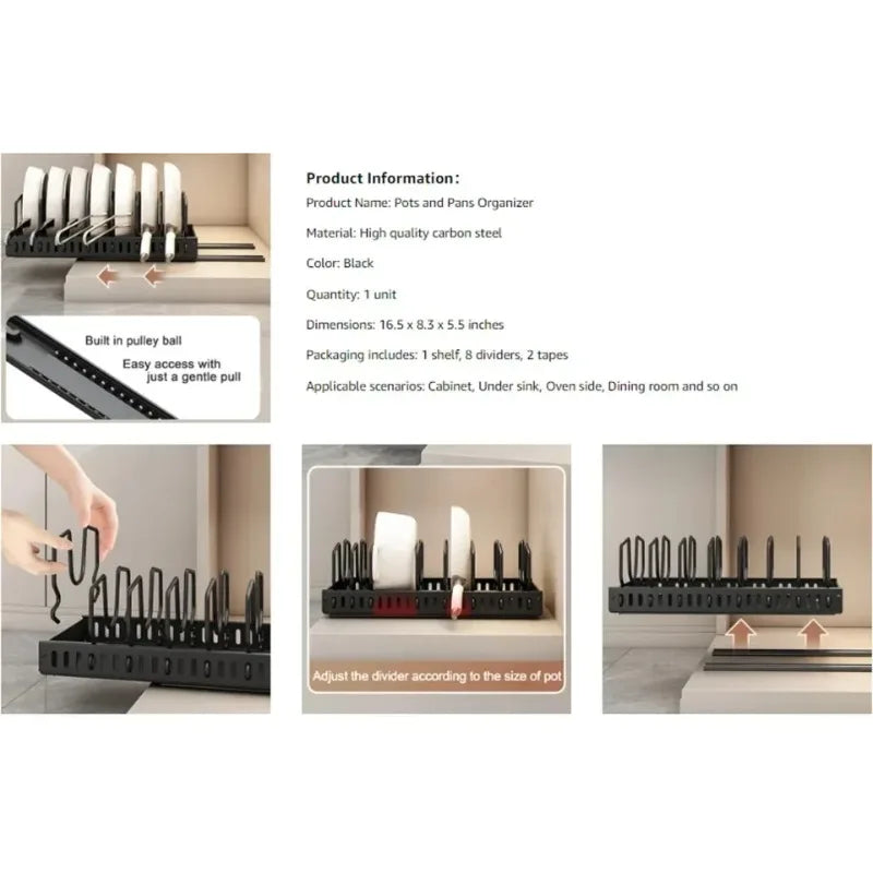 Organizador extraíble para gabinetes de cocina con rieles deslizantes, estante de almacenamiento ajustable para ollas, sartenes y platos
