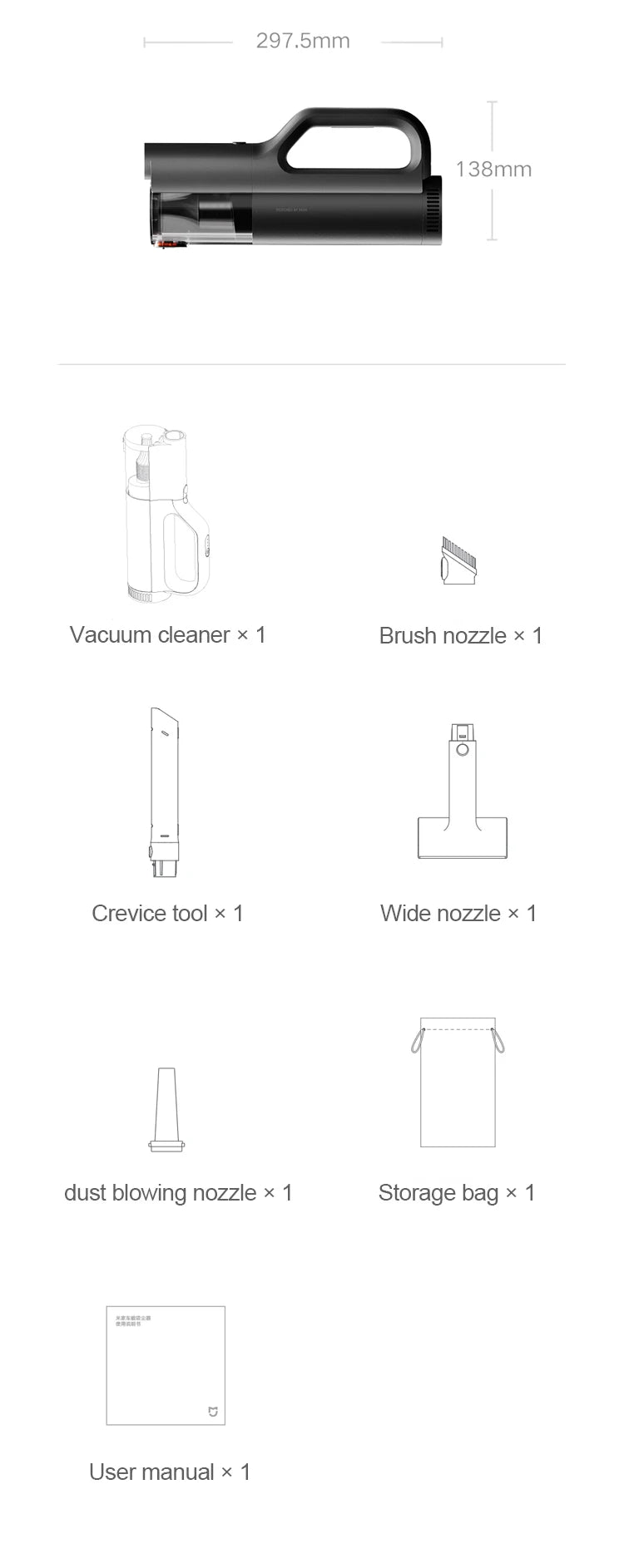 Aspiradora para coche MIJIA, succión de 21 kPa, carga rápida tipo C, recipiente para polvo de 150 ml, para aspiradoras inalámbricas domésticas, batería de 2400 mAh