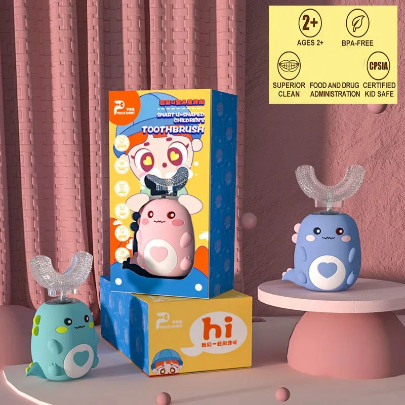 Cepillo de dientes eléctrico en forma de U para niños, cepillo de dientes sónico recargable automático de 360 grados con dibujos animados inteligentes para niños