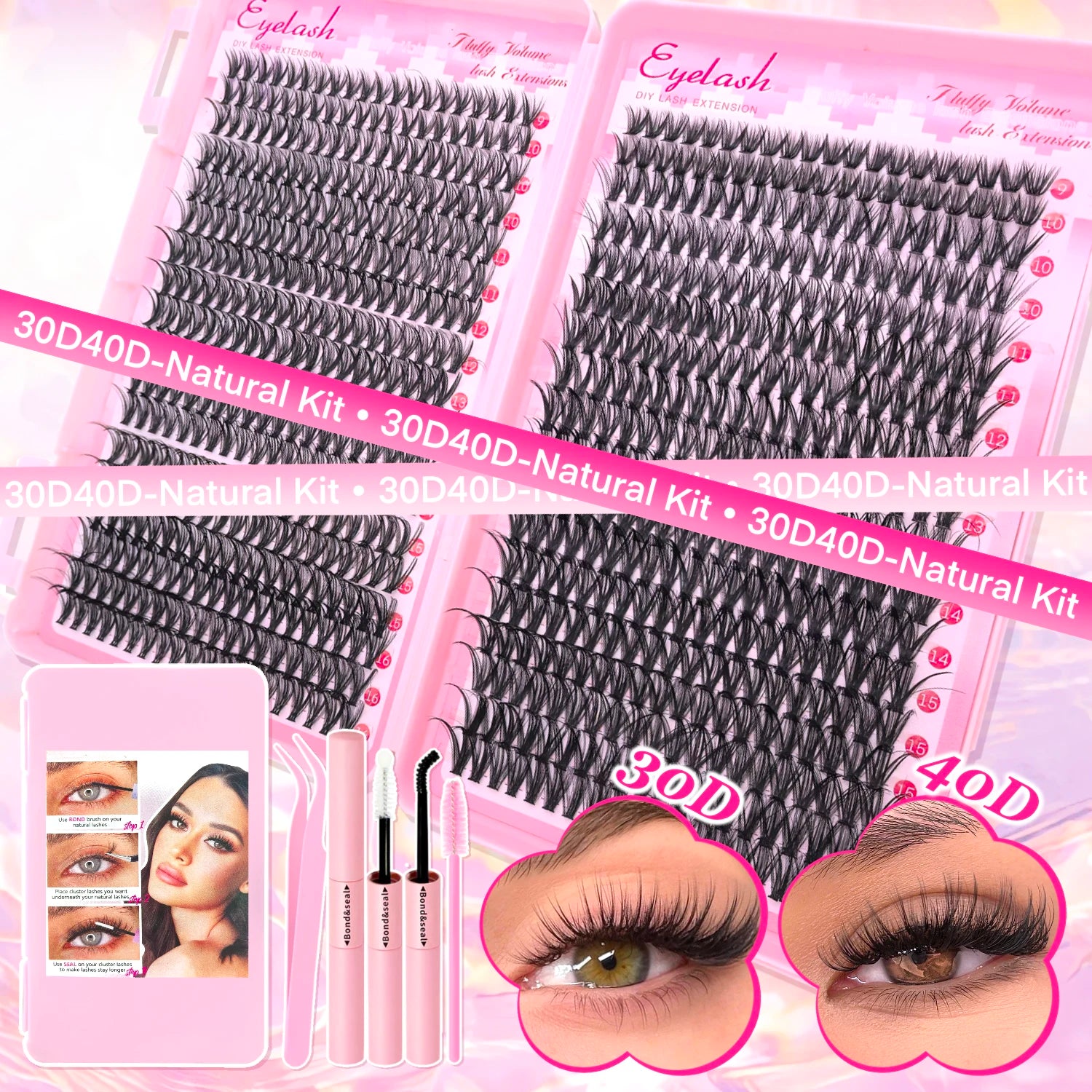 Kit de extensión de pestañas DIY, grupos de pestañas individuales de 9-16mm con unión y sello, pestañas naturales tenues
