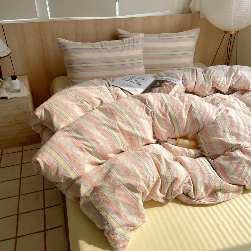 Juego de cama suave de algodón 100%, funda nórdica con estampado de rayas y funda de almohada, ropa de cama, colcha, fundas de almohada, juegos de edredón