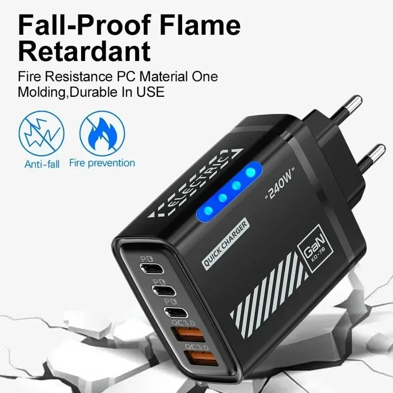 Cargador Rápido de Teléfono de 240W, Enchufe US/EU, QC3.0 PD USB, 5 Puertos, Cabezal de Carga GaN con Luz LED para iPhone 17 16, Samsung, Huawei