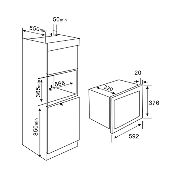 Horno microondas incorporado para el hogar, aspecto de acero inoxidable de 20L, 592mm de ancho