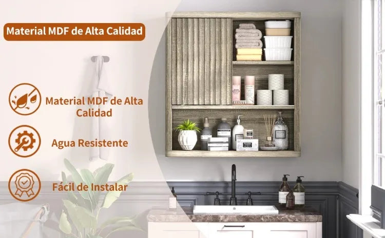 Armario de pared de roble original para baño, dormitorio, cocina, con puerta corredera, 3 niveles, estante flotante de madera montado en la pared