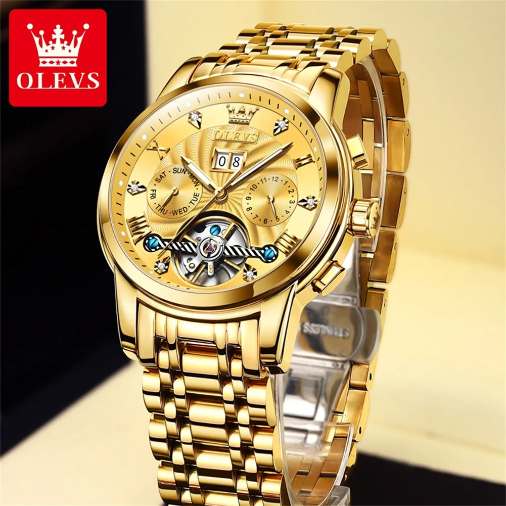 OLEVS 9910 Reloj para hombre Tourbillon de lujo Original Reloj mecánico automático Reloj luminoso resistente al agua con fecha y día con caja Reloj