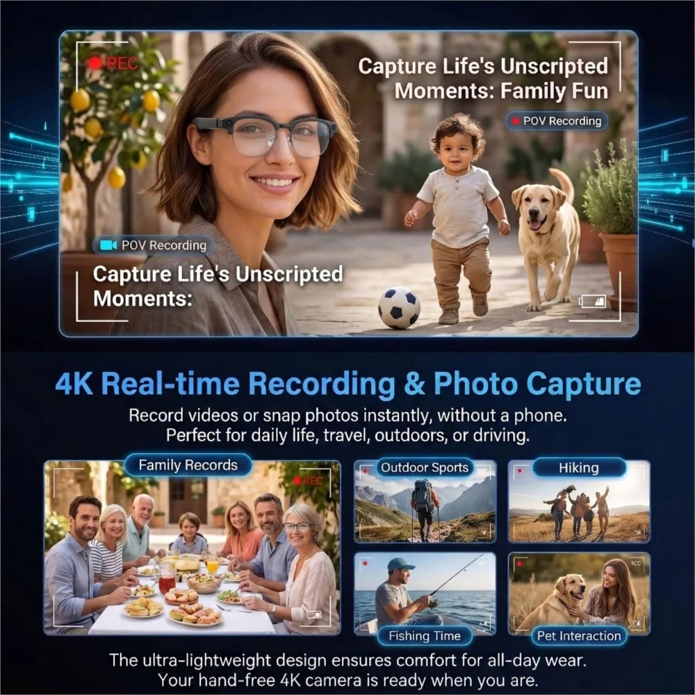 Gafas Inteligentes con Cámara para Hombre, Grabación de Video 4K, Reconocimiento de IA, Llamadas Bluetooth, Traducción de Voz, Anti Luz Azul para Mujer, para Trabajar