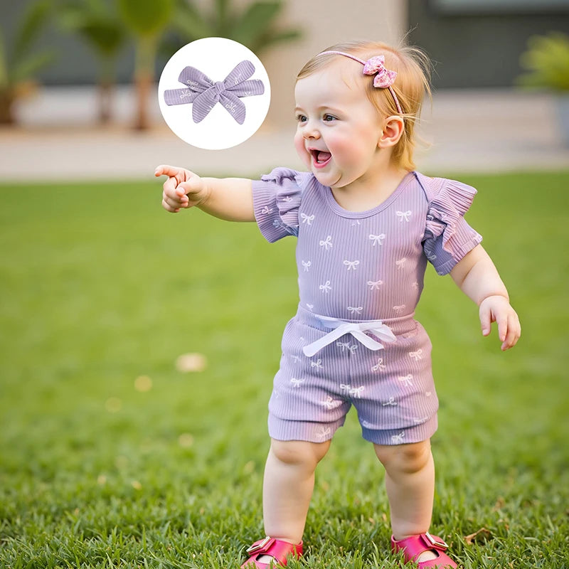 Conjuntos de verano para niña de 0 a 18 meses, pelele de manga corta con estampado de lazo, pantalones cortos de cintura elástica y diadema, conjunto de 3 uds.