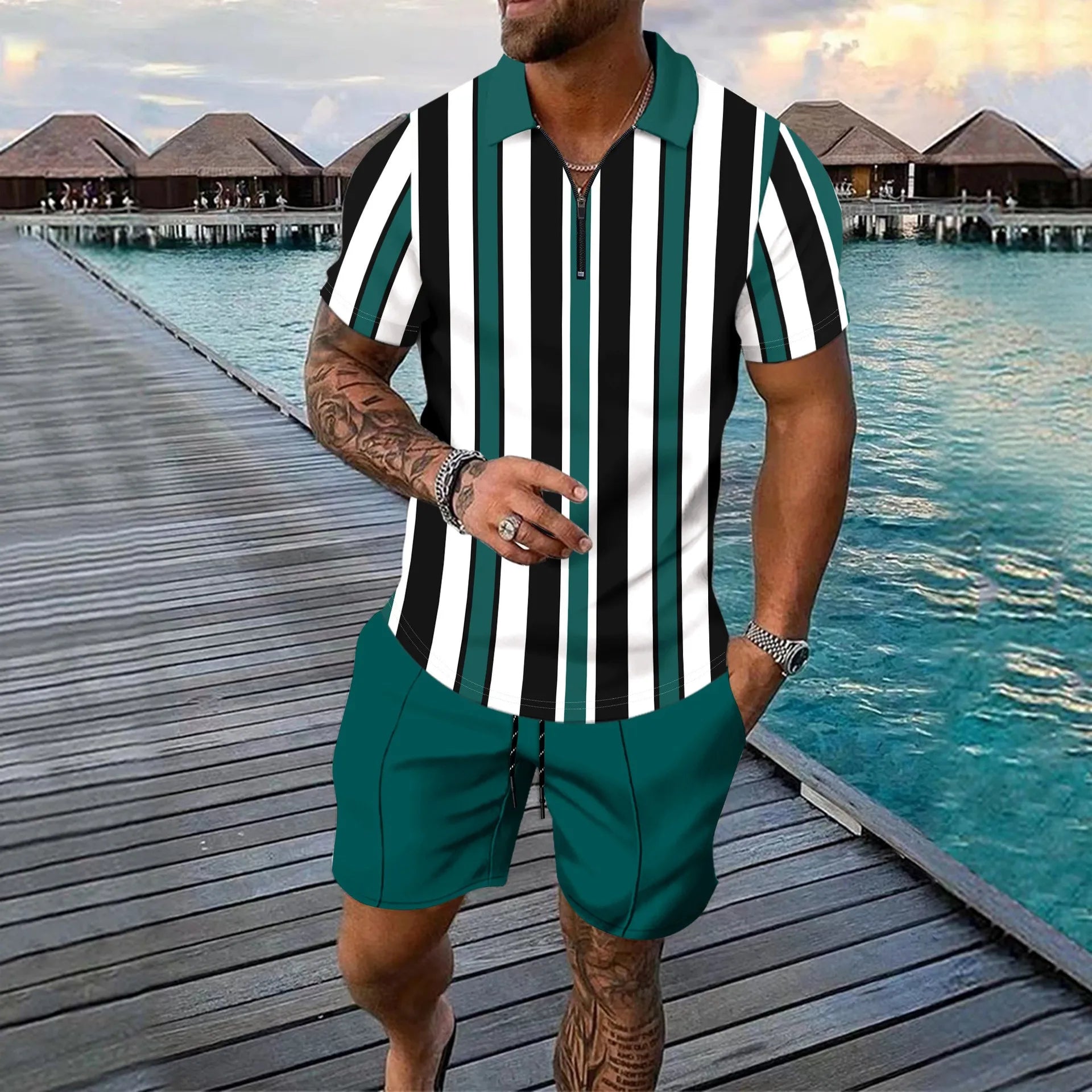 NOVEDAD DE VERANO 2025, pantalones cortos informales de manga corta a rayas para hombre, traje deportivo informal de dos piezas para hombre