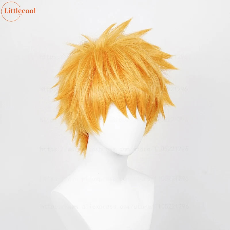 Peluca de Cosplay de Anime Kurosaki Ichigo de alta calidad, 30cm, pelo sintético corto naranja resistente al calor, pelucas para fiesta de Halloween + gorro de peluca