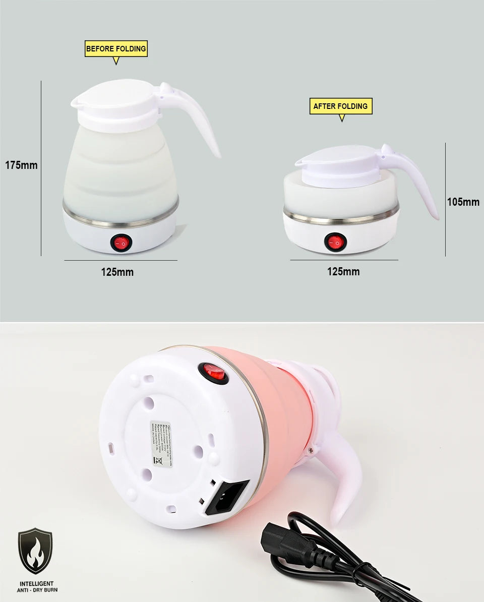 Mini Hervidor eléctrico plegable, Hervidor eléctrico portátil de 0,6l, calentador de agua de viaje para el hogar, compresión de silicona de 110V-220V