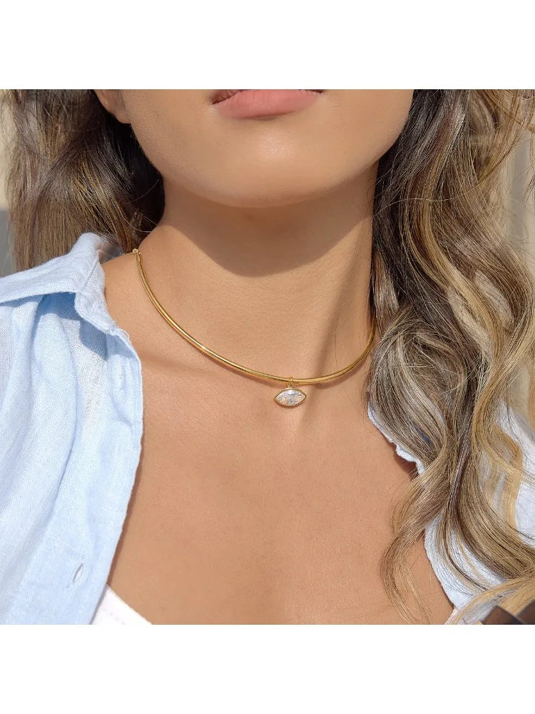 Collar con colgante geométrico de circonita para mujer, chapado en oro de 18 quilates, collar de acero inoxidable, joyería de moda, regalo.