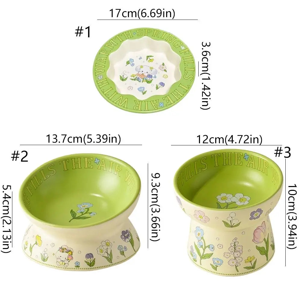 Tazón de cerámica verde duradero para gatos, tazón antideslizante con diseño de conejo y flores, tazón elevado diagonal para beber y alimentar.
