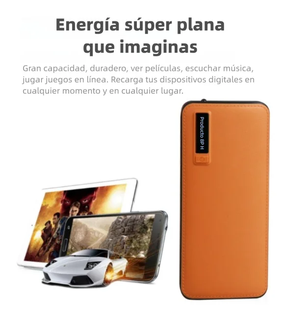 Batería portátil de 10000 mAh con textura de piel, 3 puertos USB y linterna. Disponible en varios colores.