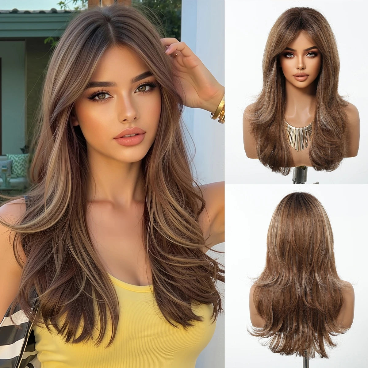 Pelucas Allbell Magique de largo ondulado en capas, pelo marrón miel con flequillo lateral para mujeres, pelucas sintéticas naturales resistentes al calor para uso diario
