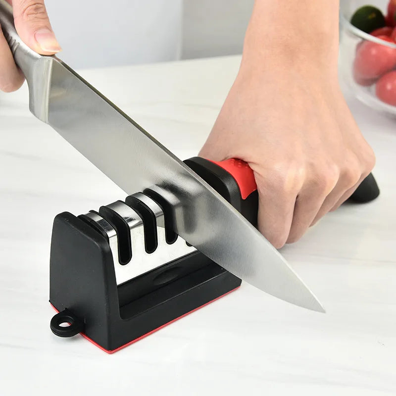 Afilador de cuchillos de 4 segmentos para cocina, tres usos negra de piedra de afilar, multifuncional, para el hogar