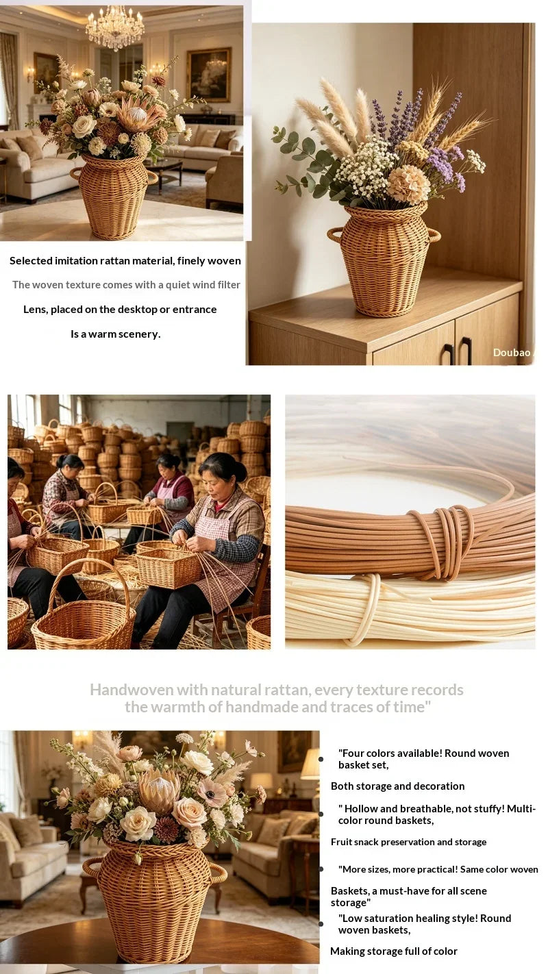 Jarrón de Ratán Tejido a Mano con Asas, Estilo Boho, Maceta Decorativa para Arreglos Florales de Interior y Decoración del Hogar