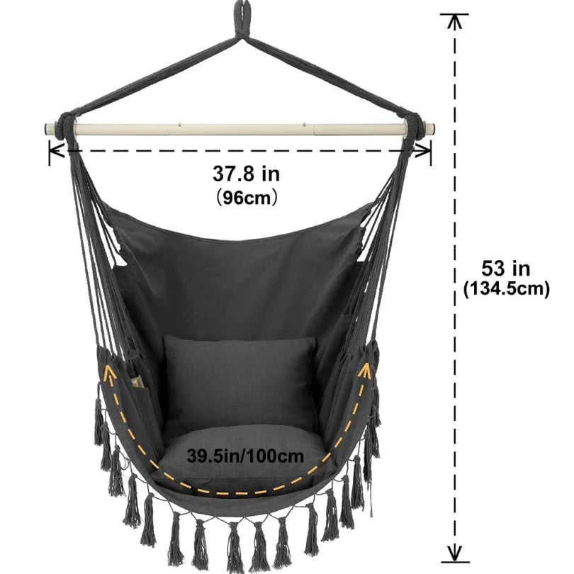 Silla Colgante de Macramé con 2 Almohadas |   Columpio de Cuerda de Algodón con Capacidad para 500 lb |   Diseño de bolsillo para uso en interiores/exteriores