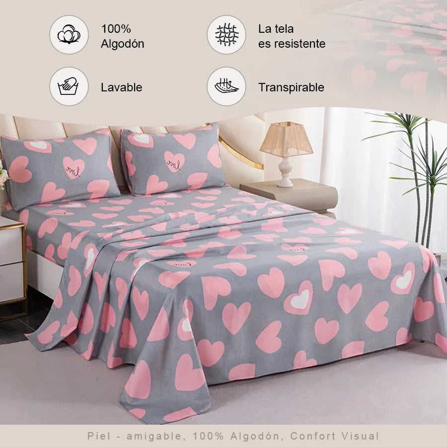 Set de ropa de cama lavable con estampado de corazones, 3/4 piezas: hoja, funda de edredón, fundas de almohada. Para camas individual, doble, extragrandes. Suave y cómodo.