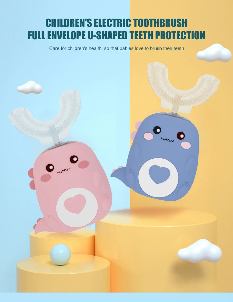 Cepillo de dientes eléctrico en forma de U para niños, cepillo de dientes sónico recargable automático de 360 grados con dibujos animados inteligentes para niños