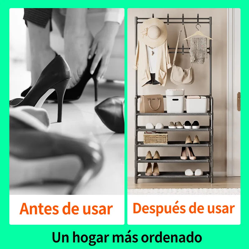 Iruibo Zapatero Metálico de 5 Niveles con Perchero, Estante Organizador de Zapatos y Ropa, Ahorro de Espacio para Entrada, Dormitorio o Pasillo
