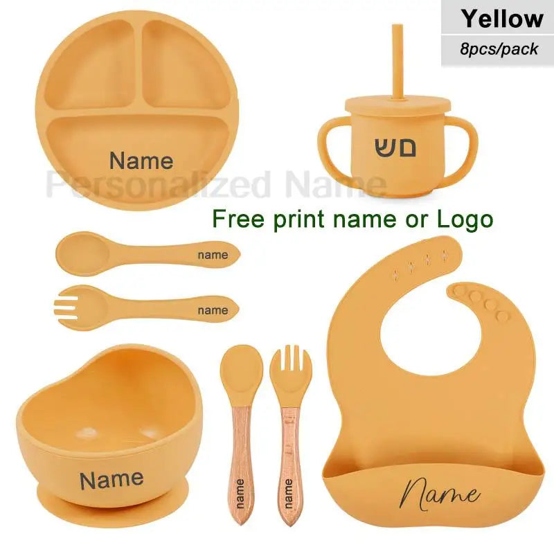 Juego de alimentación de silicona para bebé, plato de comedor redondo, cuenco con ventosa, platos para niños, vajilla con nombre personalizado, taza de paja, 8 Uds.