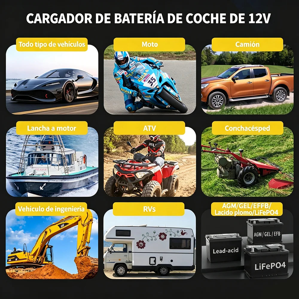 Cargador inteligente de pulso 12V 6A, adecuado para baterías de automóviles/motocicletas/camiones/AGM/GEL/EFB/ácido de plomo/LiFePO₄, con pantalla a color grande, cambio de modo con un solo botón,